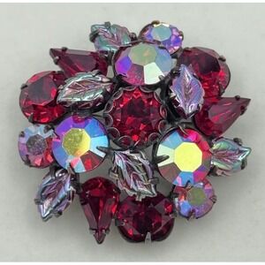 Vintage Regency Red Aurora Borealis Rhinestone Brooch Pin Floral Cluster Signed